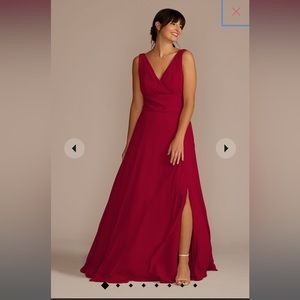 DAVID’S Bridal long chiffon surplice tank bridesmaid dress in Apple (red) Size 8